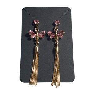 Butterfly Drop Earrings Gold Fringe Tassel Pink Crystal Vintage Style Jewelry